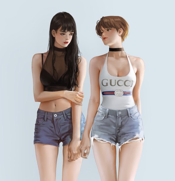 Anime picture 5821x6000 with original gucci jwhs10 long hair tall image fringe highres short hair breasts black hair simple background hair between eyes brown hair standing bare shoulders multiple girls looking away absurdres cleavage blunt bangs