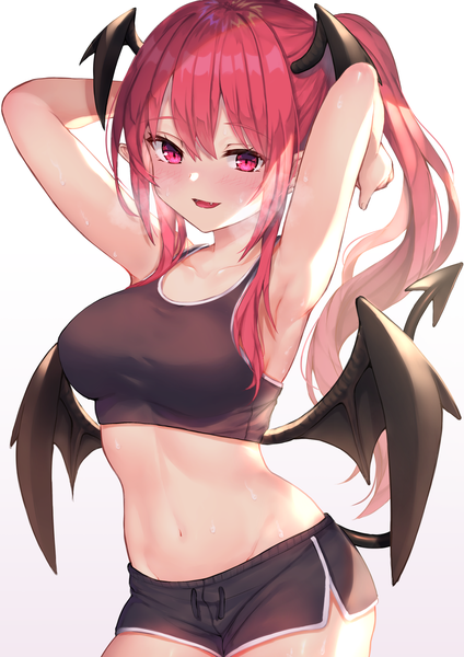 Anime picture 1447x2047 with touhou koakuma wowoguni single long hair tall image looking at viewer blush fringe breasts open mouth simple background smile hair between eyes standing payot ponytail tail :d pointy ears