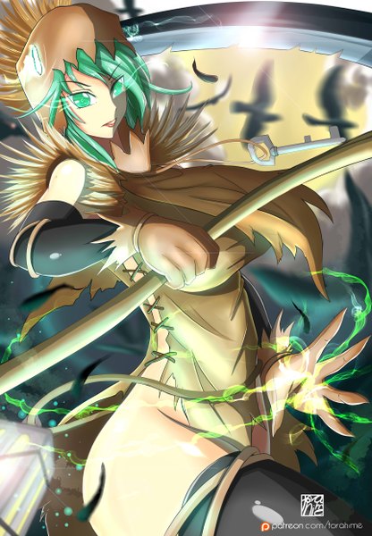 Anime picture 3444x4960 with league of legends fiddlesticks (league of legends) torahime (roland00) single tall image highres short hair breasts light erotic large breasts green eyes absurdres green hair no panties torn clothes magic glowing glowing eye (eyes) genderswap girl