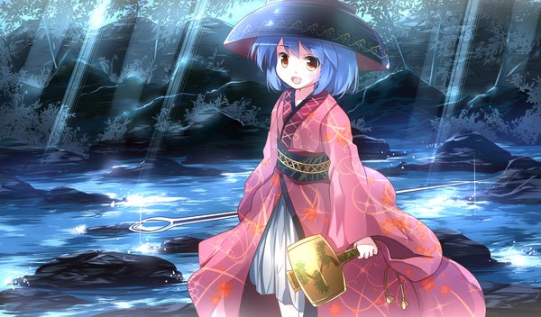 Anime picture 2136x1254 with touhou sukuna shinmyoumaru risutaru single blush fringe highres short hair open mouth red eyes wide image standing holding blue hair outdoors traditional clothes :d japanese clothes sunlight happy