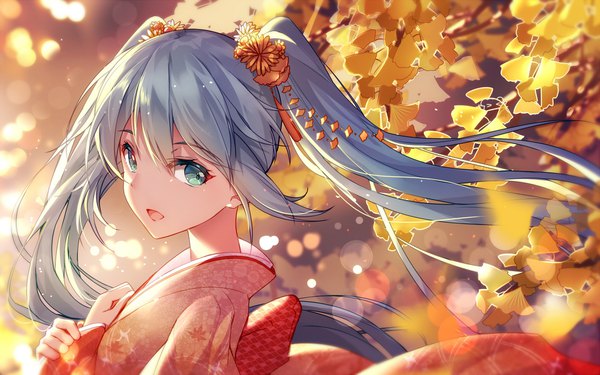 Anime picture 1920x1200 with vocaloid hatsune miku bison cangshu single looking at viewer highres open mouth twintails very long hair traditional clothes japanese clothes hair flower aqua eyes aqua hair autumn girl flower (flowers) kimono leaf (leaves) autumn leaves