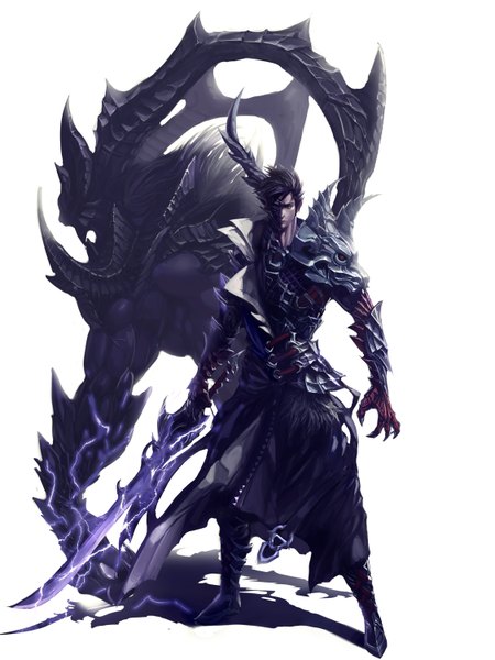 Anime picture 1126x1500 with xiaobotong single tall image short hair black hair simple background white background horn (horns) from behind shadow demon lightning boy weapon sword belt armor claws
