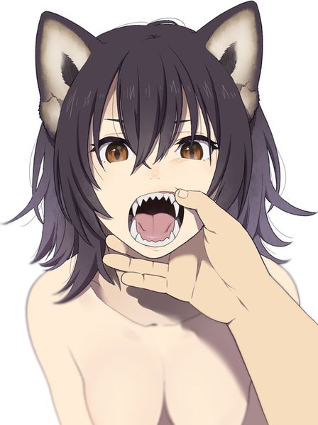 Anime picture 650x870 with original mattaku mousuke tall image looking at viewer blush fringe short hair breasts open mouth light erotic black hair simple background hair between eyes white background brown eyes animal ears upper body nude blurry cat ears