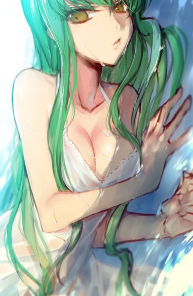 Anime picture 650x997 with code geass sunrise (studio) c.c. creayus single long hair tall image looking at viewer light erotic brown eyes cleavage upper body parted lips green hair no bra partially submerged wet clothes girl water water drop