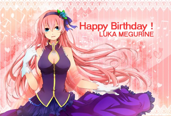 Anime picture 1600x1090 with vocaloid megurine luka kanna (chaos966) single long hair looking at viewer open mouth blue eyes bare shoulders pink hair inscription pink background happy birthday girl gloves hairband
