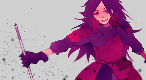 Anime picture 800x437 with naruto studio pierrot naruto (series) uchiha madara azuchi (monica) single long hair looking at viewer open mouth simple background red eyes wide image holding purple hair grey background eyebrows sharingan boy gloves black gloves