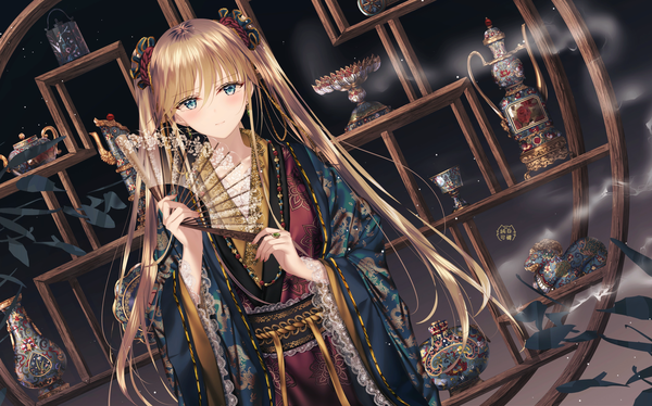 Anime picture 4096x2557 with original junpaku karen single long hair looking at viewer blush fringe highres blue eyes blonde hair hair between eyes wide image standing twintails holding payot absurdres long sleeves traditional clothes japanese clothes