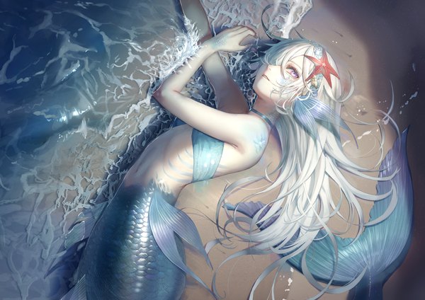 Anime picture 5016x3541 with original fou (ssqseeker) single long hair looking at viewer fringe highres light erotic purple eyes payot absurdres silver hair outdoors lying parted lips from above hair over one eye beach partially submerged facial mark