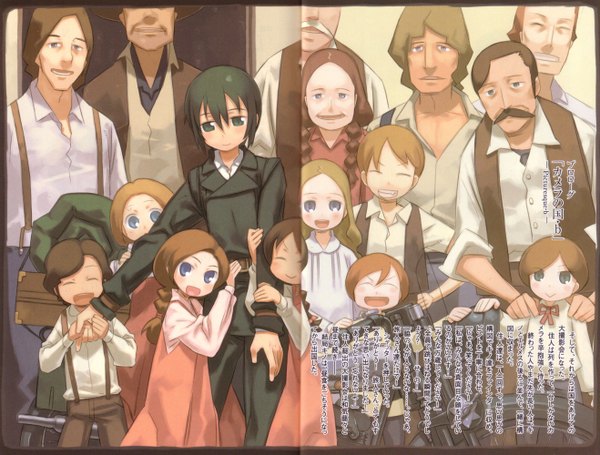 Anime picture 2633x2000 with kino no tabi kino (kino no tabi) hermes kuroboshi kouhaku highres scan border group androgynous reverse trap suit child (children) motorcycle crowd group shot