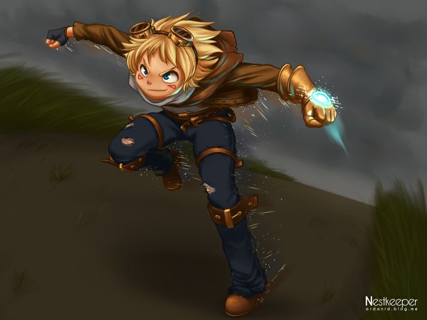 Anime picture 1024x768 with league of legends ezreal (league of legends) nestkeeper single short hair blue eyes blonde hair torn clothes boy gloves jacket belt fingerless gloves pants goggles