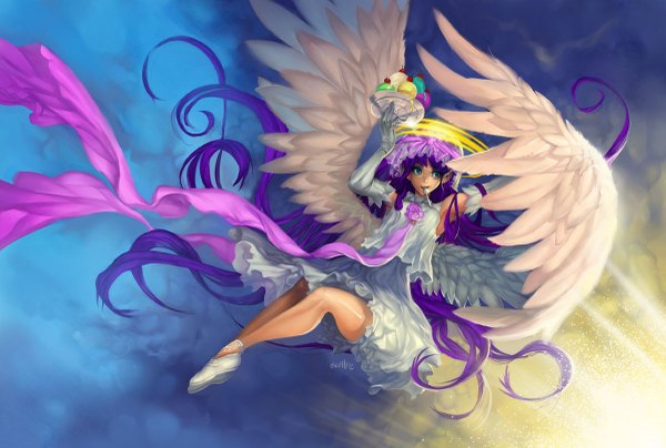 Anime picture 1200x809 with original elsevilla single highres blue eyes looking away purple hair very long hair flying angel wings angel girl skirt gloves ribbon (ribbons) elbow gloves food shoes sweets halo