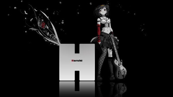 Anime picture 1600x900 with suzumiya haruhi no yuutsu kyoto animation suzumiya haruhi itou noiji single short hair black hair wide image standing brown eyes official art black background girl skirt navel ribbon (ribbons) hair ribbon earrings hairband collar