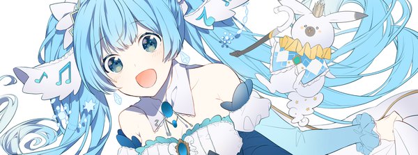 Anime picture 4093x1526 with vocaloid hatsune miku yuki miku rabbit yukine yuki miku (2019) omutatsu single looking at viewer fringe highres open mouth blue eyes simple background wide image white background twintails bare shoulders blue hair very long hair :d