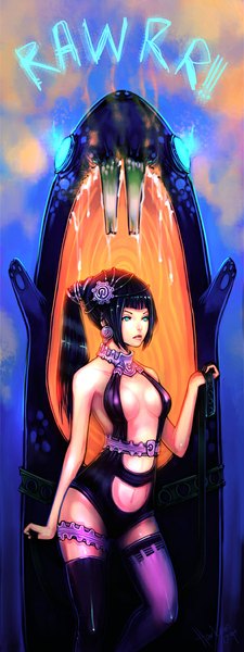 Anime picture 449x1193 with original chiamharkem single long hair tall image blue eyes light erotic black hair bare shoulders looking away ponytail pointy ears midriff girl thighhighs navel earrings