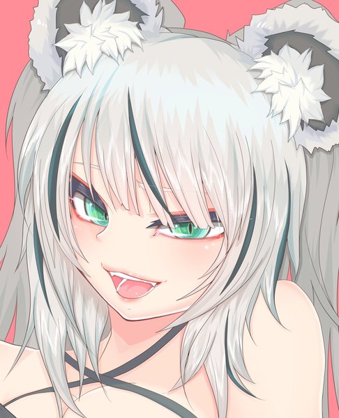 Anime picture 1704x2103 with virtual youtuber indie virtual youtuber nally (vtuber) cube85 single long hair tall image highres breasts open mouth simple background smile bare shoulders green eyes animal ears cleavage multicolored hair grey hair two side up streaked hair
