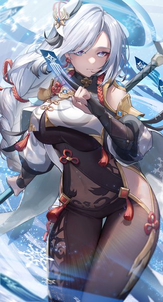 Anime picture 3000x5533 with genshin impact shenhe (genshin impact) yo owl single long hair tall image looking at viewer fringe highres breasts blue eyes light erotic large breasts standing holding silver hair braid (braids) hair over one eye puffy sleeves thigh gap
