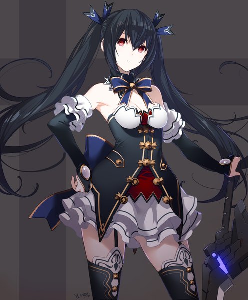 Anime picture 1740x2100 with choujigen game neptune noire kagetomo midori single long hair tall image looking at viewer fringe highres breasts light erotic black hair simple background hair between eyes red eyes twintails cleavage grey background armpit (armpits) zettai ryouiki