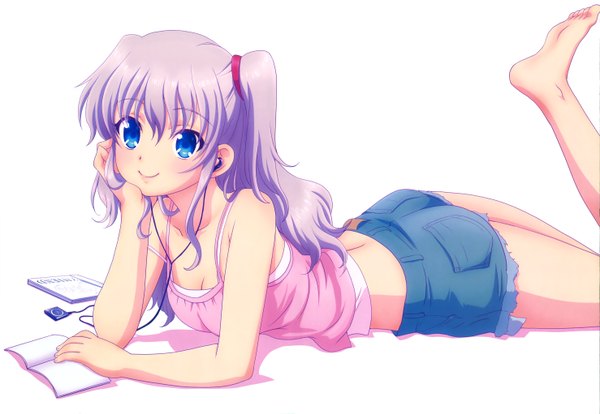 Anime picture 5909x4081 with charlotte p.a. works nyantype tomori nao na-ga single long hair looking at viewer blush highres blue eyes simple background smile white background absurdres purple hair official art one side up girl shorts