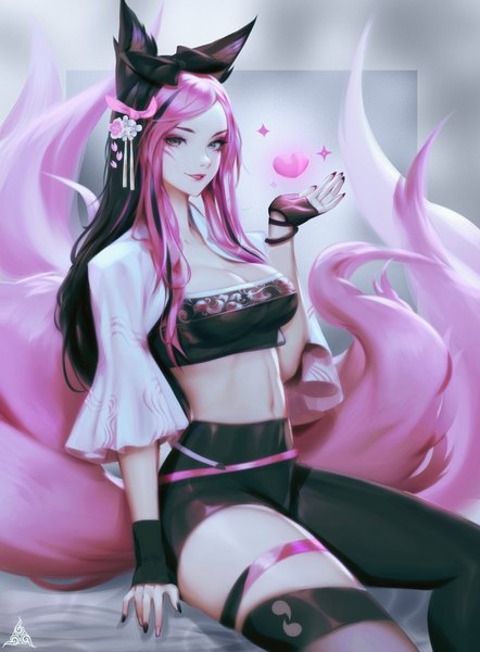 Anime picture 3689x5005 with original paul (shiramune) single long hair tall image looking at viewer highres breasts blue eyes black hair smile sitting animal ears pink hair absurdres cleavage tail nail polish parted lips animal tail