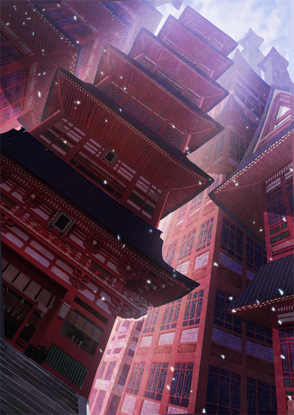 Anime picture 708x1000 with original someya mai tall image sky sparkle from below dutch angle no people architecture building (buildings) stairs pagoda