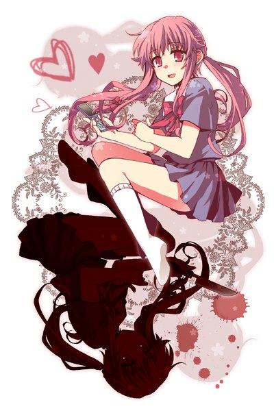 Anime picture 1000x1497 with mirai nikki gasai yuno kousetsu single long hair tall image looking at viewer fringe open mouth simple background red eyes twintails holding pink hair pleated skirt reflection girl skirt uniform bow