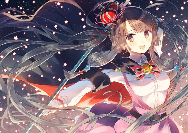 Anime picture 1208x859 with original yosuga ioru single looking at viewer blush fringe open mouth smile brown hair twintails brown eyes very long hair wind outstretched arm arm behind head girl hair ornament star (symbol) star (stars) cape