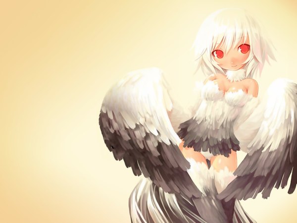 Anime picture 1600x1200 with shigatake red eyes white hair angel soft beauty wings