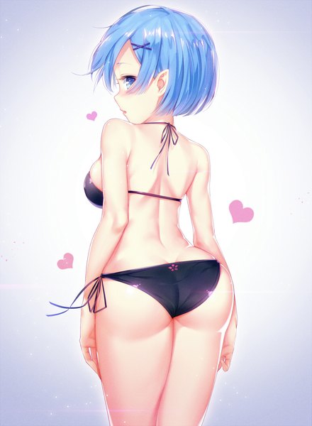 Anime picture 1649x2246 with re:zero kara hajimeru isekai seikatsu white fox rem (re:zero) ring (1079882045) single tall image blush short hair blue eyes light erotic blue hair ass looking back back girl swimsuit bikini heart black bikini