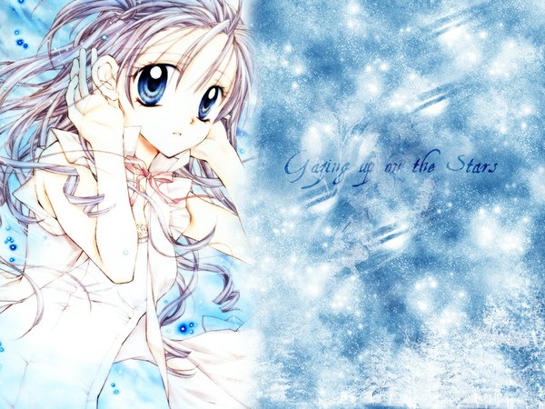 Anime picture 1024x768 with full moon wo sagashite studio deen kouyama mitsuki tanemura arina single long hair looking at viewer fringe blue eyes silver hair wind girl dress bow white dress