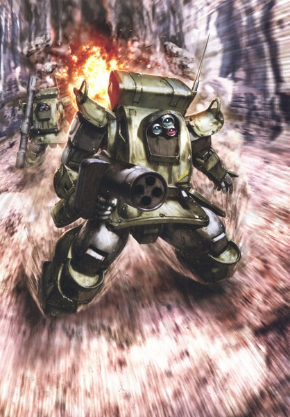 Anime picture 3231x4635 with soukou kihei votoms sunrise (studio) standing tortoise morishita naochika tall image highres absurdres outdoors scan realistic no people rock science fiction explosion weapon gun mecha rocket launcher antenna multishot rocket launcher