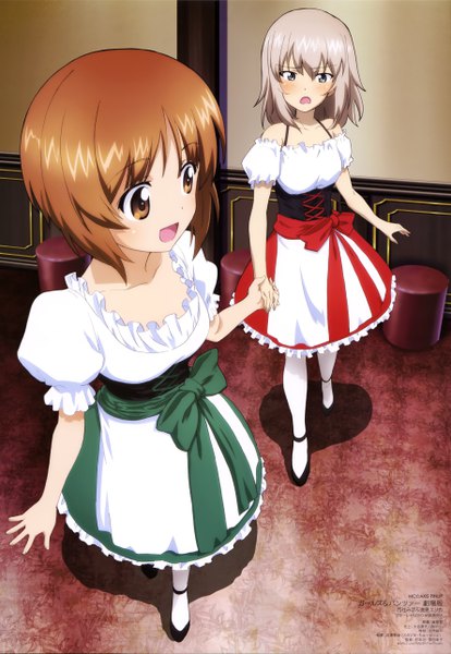 Anime-Bild 3551x5147 mit girls und panzer mc axis nishizumi miho itsumi erika jitsuhara noboru tall image blush highres short hair open mouth blue eyes brown hair multiple girls brown eyes absurdres silver hair full body traditional clothes from above official art