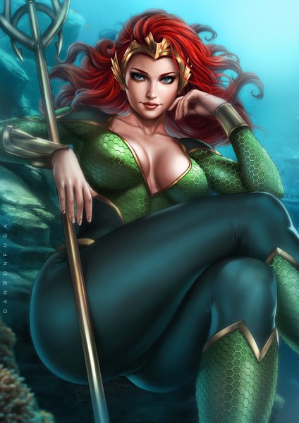 Anime picture 900x1273 with dc comics mera (dc) dandon fuga single long hair tall image looking at viewer breasts blue eyes light erotic signed cleavage red hair lips realistic crossed legs underwater hand on face girl weapon
