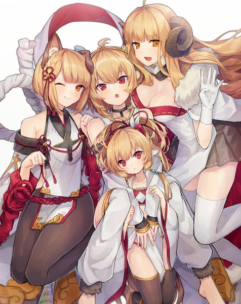 Anime picture 1144x1440 with granblue fantasy anila (granblue fantasy) andira (granblue fantasy) vajra (granblue fantasy) mahira (granblue fantasy) coyucom long hair tall image looking at viewer blush fringe short hair breasts open mouth light erotic simple background blonde hair smile hair between eyes red eyes
