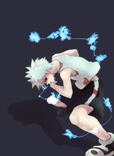 Anime picture 1467x2000 with hunter x hunter killua zaoldyeck tagme (artist) single tall image short hair simple background brown eyes white hair grey background shadow magic boy blood