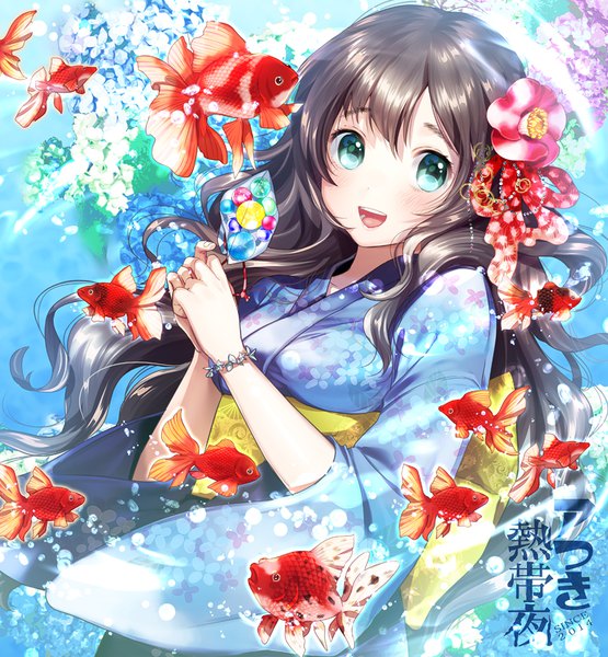 Anime picture 800x865 with original yanyo (ogino atsuki) single long hair tall image looking at viewer blush fringe open mouth smile hair between eyes brown hair standing holding signed payot upper body traditional clothes :d japanese clothes