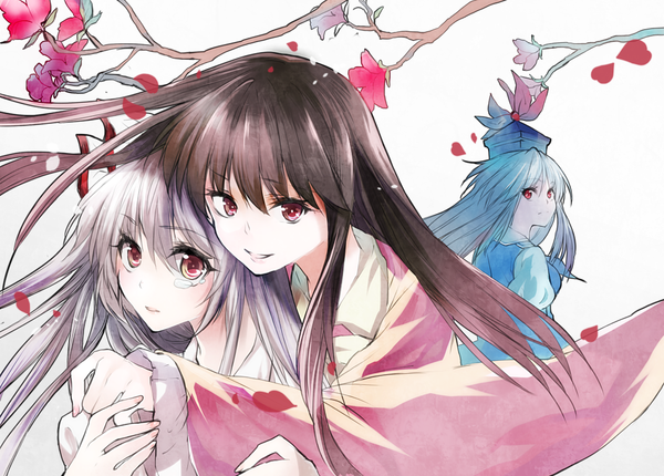 Anime picture 1116x801 with touhou fujiwara no mokou houraisan kaguya kamishirasawa keine katayama kei long hair looking at viewer fringe black hair red eyes white background multiple girls blue hair looking away traditional clothes japanese clothes looking back light smile wind grey hair