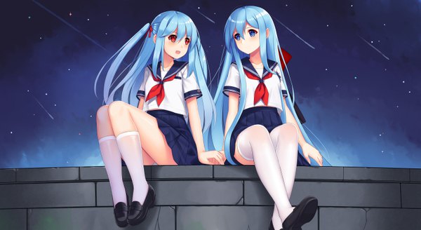 Anime picture 5846x3199 with warship girls r shirayuki (warship girls r) fubuki (warship girls r) allenes long hair fringe highres open mouth blue eyes light erotic smile hair between eyes red eyes wide image sitting twintails multiple girls absurdres full body outdoors