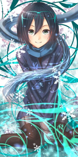 Anime picture 710x1419 with original hamizu single long hair tall image looking at viewer blue eyes black hair snowing girl glasses scarf snowflake (snowflakes)