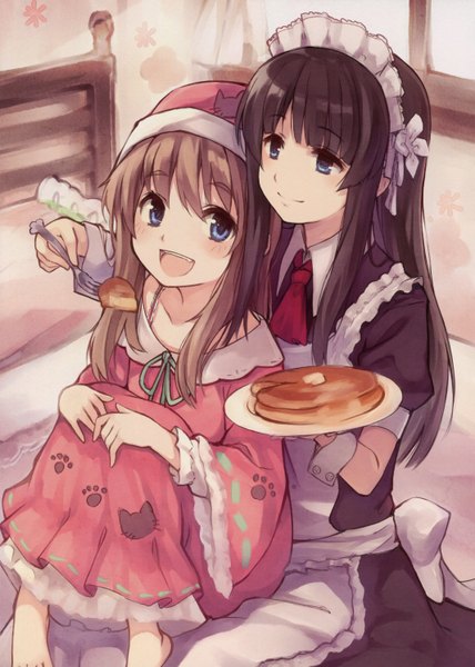 Anime picture 2132x2987 with girls log vol.4 (artbook) original kyuri long hair tall image highres open mouth blue eyes black hair smile brown hair sitting multiple girls looking away bent knee (knees) maid eating sitting on person girl 2 girls