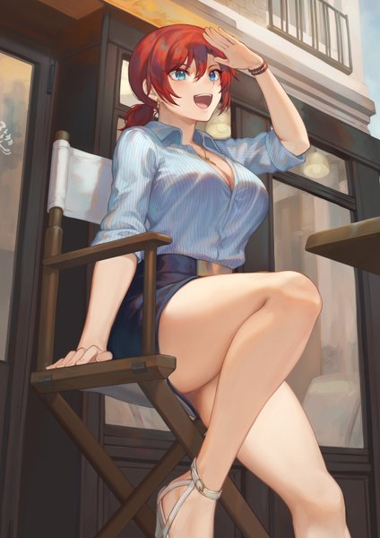 Anime picture 1302x1842 with fate (series) fate/grand order boudica (fate/grand order) mashuu (neko no oyashiro) single tall image blush fringe short hair breasts open mouth blue eyes light erotic smile hair between eyes large breasts sitting looking away cleavage bent knee (knees)
