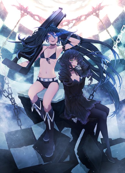 Anime picture 1446x2000 with black rock shooter black rock shooter (character) dead master nayu long hair tall image blue eyes multiple girls green eyes midriff glowing glowing eye (eyes) checkered girl dress navel 2 girls boots belt short shorts
