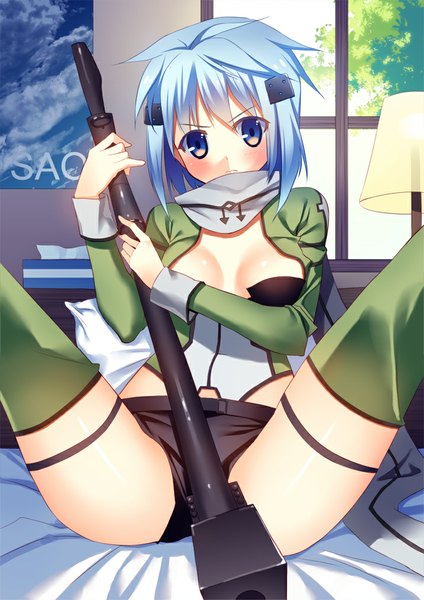 Anime picture 716x1012 with sword art online a-1 pictures asada shino hoshi ichi single tall image looking at viewer blush short hair blue eyes light erotic blue hair open clothes open jacket girl weapon jacket shorts scarf gun