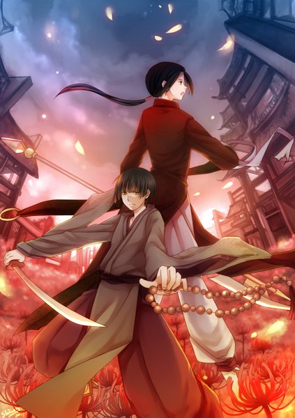 Anime picture 1200x1703 with axis powers hetalia studio deen japan (hetalia) china (hetalia) shirofuyu long hair tall image short hair open mouth black hair brown hair tail traditional clothes from behind back to back boy flower (flowers) weapon sword building (buildings)