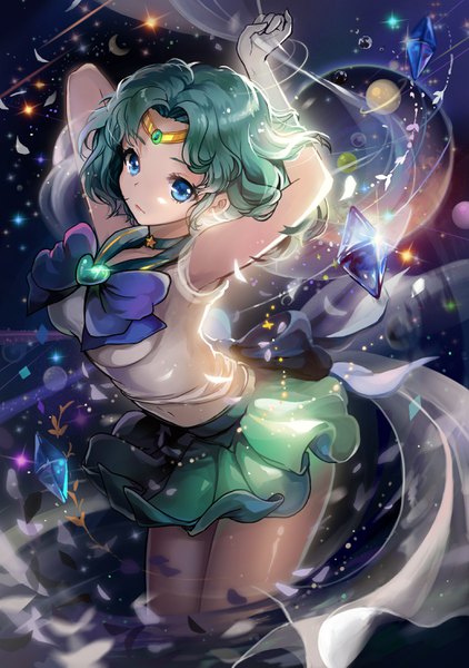 Anime picture 2079x2953 with bishoujo senshi sailor moon toei animation kaiou michiru sailor neptune saya (mychristian2) single long hair tall image highres blue eyes wind aqua hair light dark background arms behind head arched back crescent magical girl backlighting skirt flip