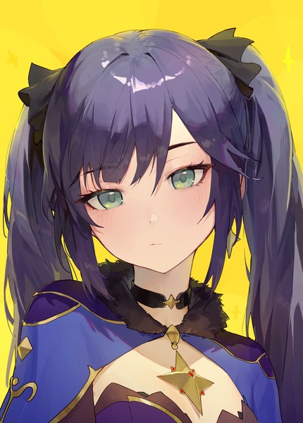 Anime picture 2486x3467 with genshin impact mona megistus alaskastomatoez single long hair tall image highres simple background twintails green eyes purple hair upper body yellow background no hat girl choker