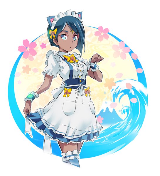 Anime picture 4000x4400 with rwby rooster teeth ciel soleil iesupa single tall image looking at viewer highres short hair simple background animal ears absurdres parted lips aqua eyes cat ears aqua hair :o short sleeves maid dark skin