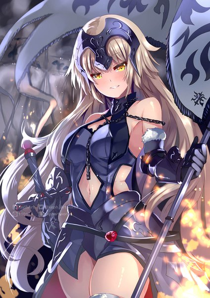 Anime picture 1000x1415 with fate (series) fate/grand order jeanne d'arc (fate) (all) jeanne d'arc alter (fate) jeanne d'arc alter (avenger) (third ascension) (fate) xephonia single long hair tall image looking at viewer blush fringe breasts light erotic smile standing bare shoulders holding signed yellow eyes