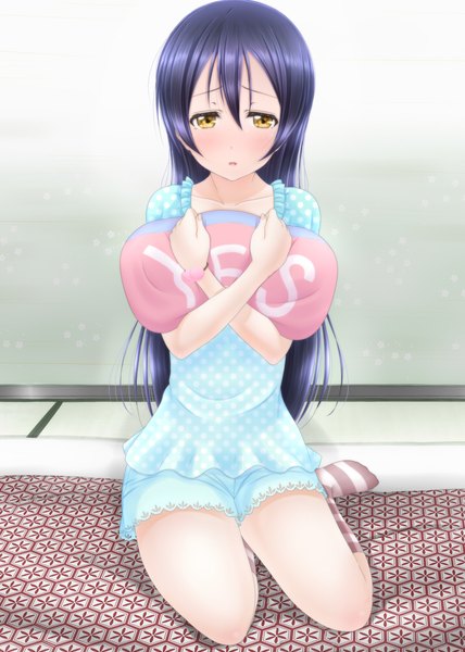 Anime picture 714x1000 with love live! school idol project sunrise (studio) love live! sonoda umi roaru (gyuren) single long hair tall image looking at viewer blush open mouth yellow eyes blue hair :o yes-no pillow girl socks pillow pajamas striped socks
