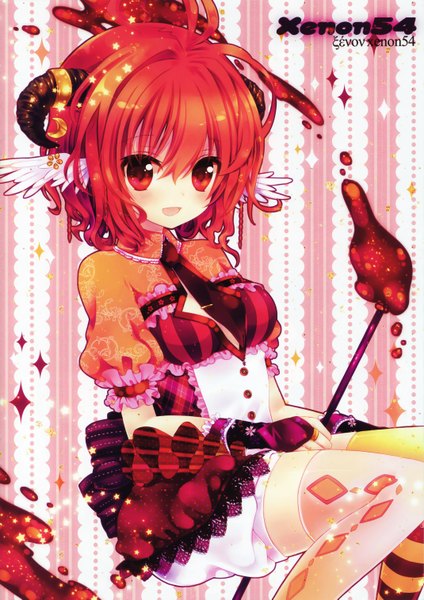 Anime picture 2140x3025 with original konno kengo single tall image blush highres short hair open mouth smile red eyes ahoge red hair horn (horns) head wings girl thighhighs dress