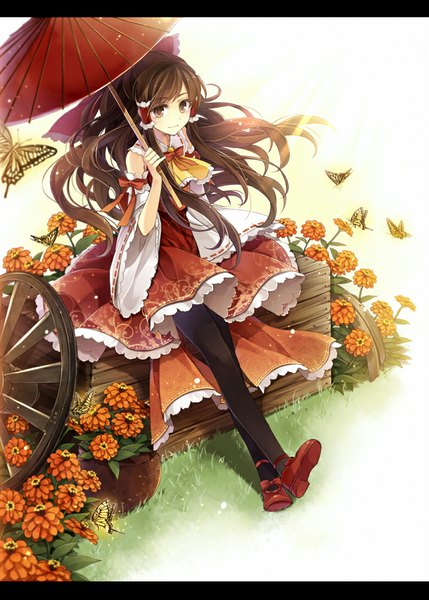 Anime picture 715x1000 with touhou hakurei reimu hagiwara rin single long hair tall image brown hair sitting brown eyes light smile girl flower (flowers) bow hair bow detached sleeves pantyhose insect butterfly umbrella